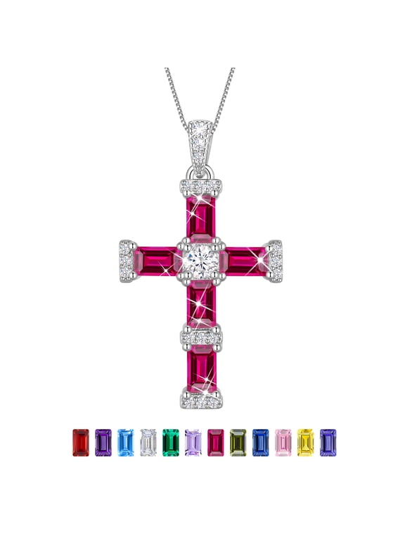 Birthstone Cross Necklace for Women,18K White Gold Plated Cross Pendant,July Ruby Birthstone Christian Necklace Jewelry Gift for Mom Wife Girlfriend Birthday Mother’s Day Christmas