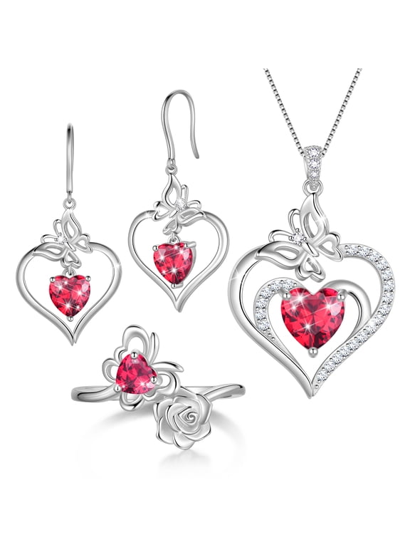 Birthstone Jewelry Set for Women,18K White Gold Plated Necklace Earrings Ring Set,July Ruby Heart Birthstone Jewelry Gift Set for Mom Wife Girlfriend