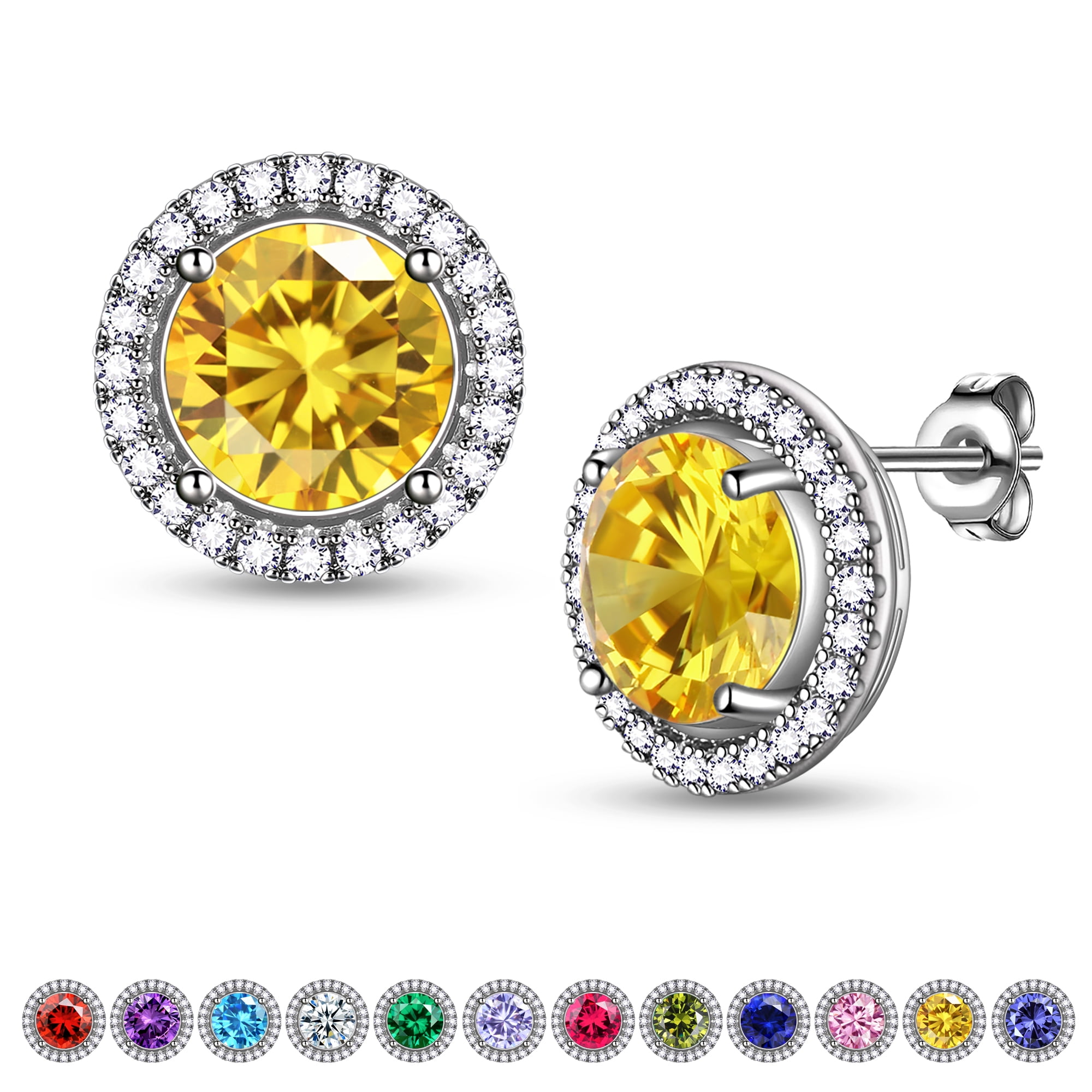 Beautlace Birthstone Stud Earrings,Silver Plated Round Shape Birthstone