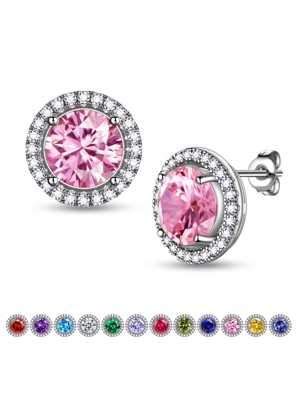 Birthstone Stud Earrings,Silver Plated Round Shape Birthstone Earrings Bridal Jewelry Birthday Gifts for Women