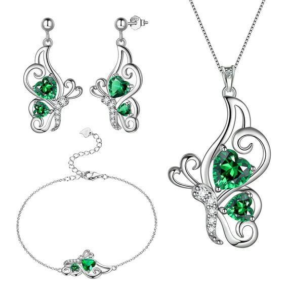 Beautlace Butterfly Heart Jewelry Set,925 Sterling Silver Green Emerald Birthstone Pendant Necklace/Earrings/Bracelet Set Cute Animals Jewelry Gift for Women