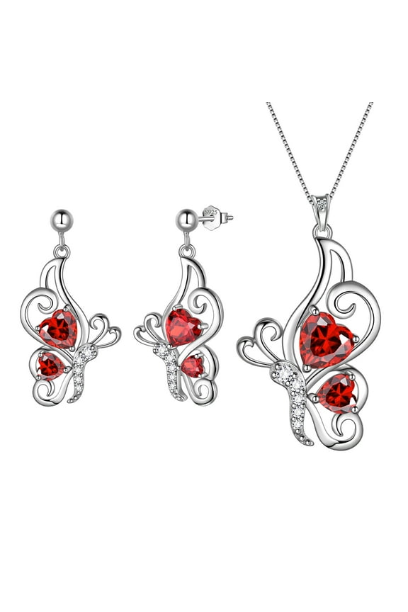 Butterfly Heart Jewelry Set,925 Sterling Silver Red Garnet Birthstone Pendant Necklace/Earrings Set Cute Animals Jewelry Gift for Women