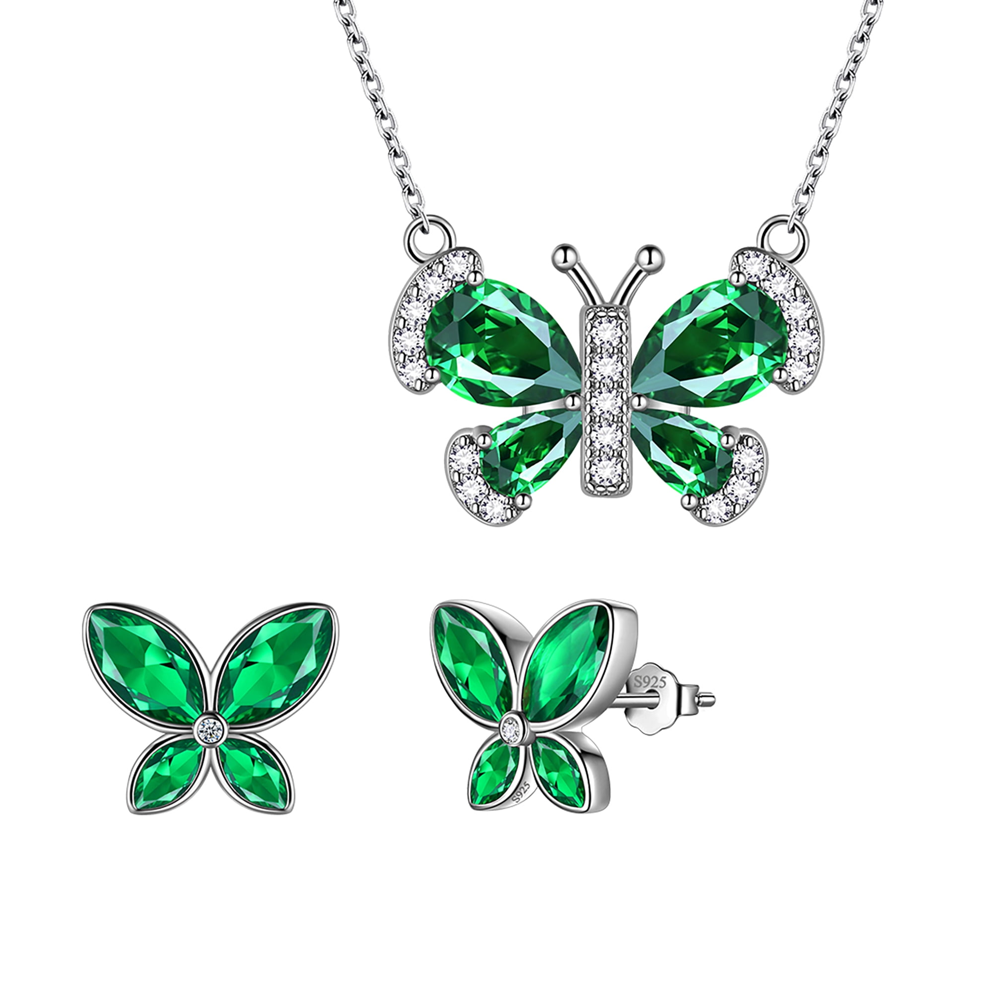 Women's Butterfly Heart Birthstone Jewelry Set - 925 Sterling Silver Necklace, Earrings, Ring, Bracelet