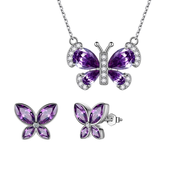 Beautlace Butterfly Jewelry Set,925 Sterling Silver Purple Amethyst Birthstone Pendant Necklace/Earrings Set Cute Animals Jewelry Gift for Women