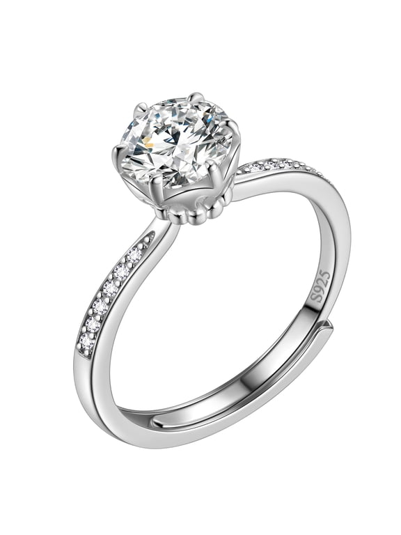 Classic 1Ct Moissanite Solitaire Engagement Ring for Women,Wedding Band 925 Sterling Silver Adjustable Ring 6 Prong Round Diamond Ring,Promise Wedding Rings