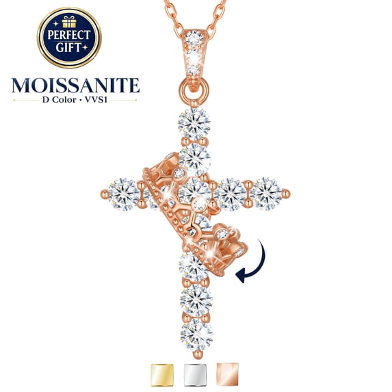 Beautlace 925 Sterling Silver Cross Moissanite Necklace, Rose Gold Plated D Color VVS1 Rotated Crown Round Cut Simulated Diamond Pendant Necklace Jewelry Gift for Women Wife Lover