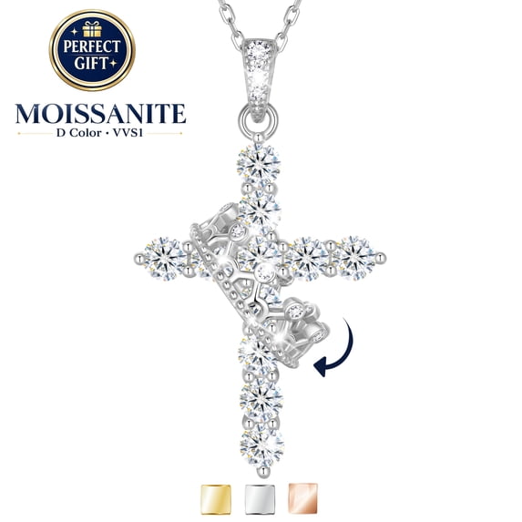 Beautlace 925 Sterling Silver Cross Moissanite Necklace, D Color VVS1 Rotated Crown Round Cut Simulated Diamond Pendant Necklace Jewelry Gift for Women Wife Lover