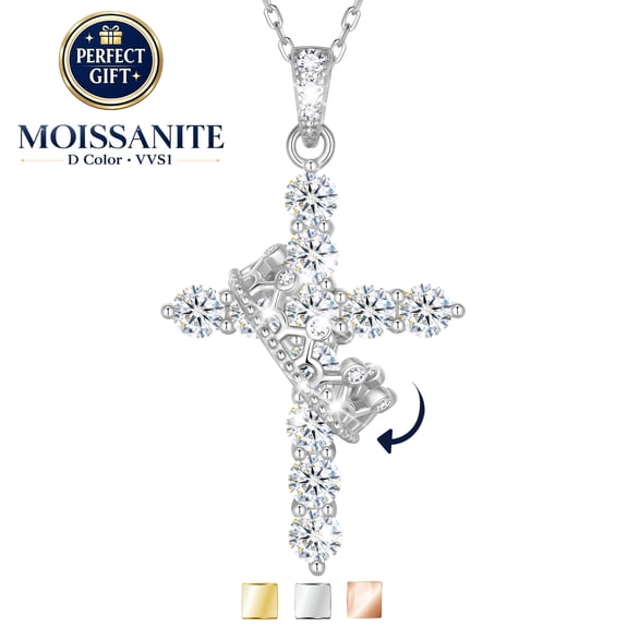 Beautlace 925 Sterling Silver Cross Moissanite Necklace, D Color VVS1 Rotated Crown Round Cut Simulated Diamond Pendant Necklace Jewelry Gift for Women Wife Lover