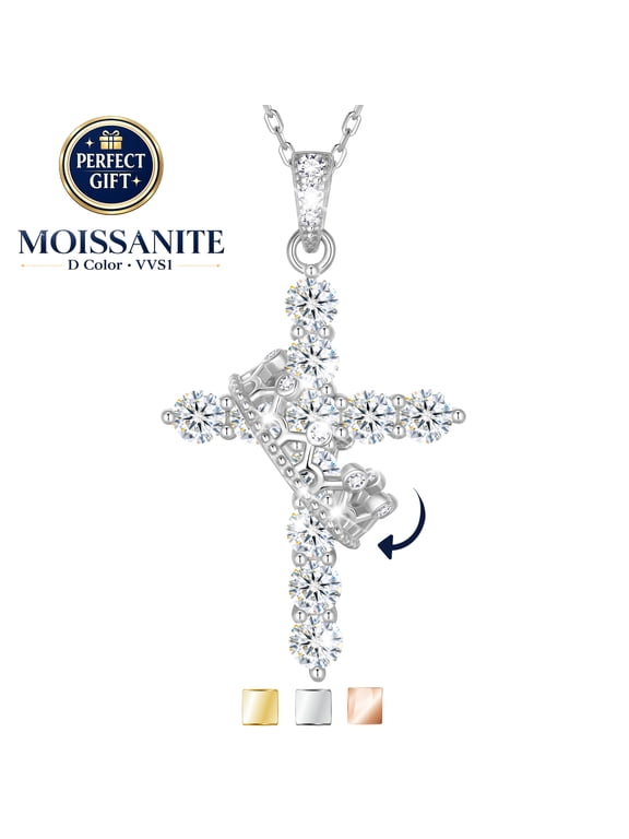 925 Sterling Silver Cross Moissanite Necklace, D Color VVS1 Rotated Crown Round Cut Simulated Diamond Pendant Necklace Jewelry Gift for Women Wife Lover