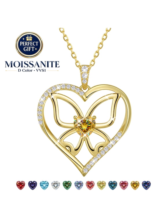 D VVS1 Moissanite Heart Necklace for Women,Butterfly November Birthstone Pendant,18K Gold Plated Personalized Jewelry Gift Anniversary Christmas Birthday Gift for Her Mom Wife Girlfriend