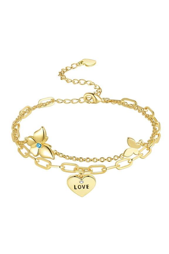 Dainty Gold Bracelets for Women,14K Gold Filled Adjustable Layered Bracelet,Heart/Butterfly Link Bracelets for Women Jewelry