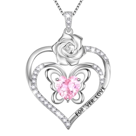 Beautlace Forever Love Butterfly Heart Necklace,925 Sterling Silver Rose Flower Pendant Necklace Jewelry Birthday Christmas Valentines Mother's Day Gifts for Women Mom -October