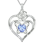 Beautlace Forever Love Butterfly Heart Necklace,925 Sterling Silver Rose Flower Pendant Necklace Jewelry Birthday Christmas Valentines Mother's Day Gifts for Women Mom -December