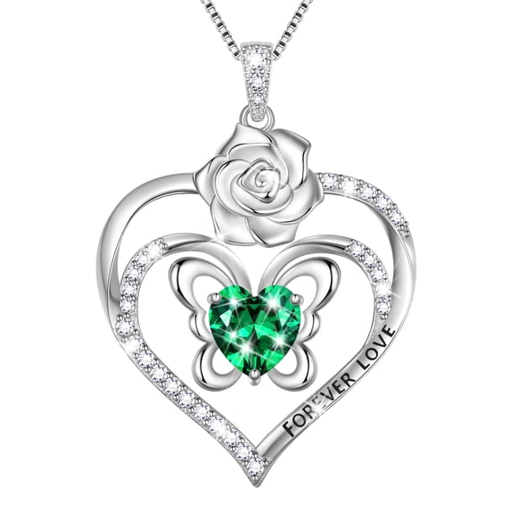 Beautlace Forever Love Butterfly Heart Necklace,925 Sterling Silver Rose Flower Pendant Necklace Jewelry Birthday Christmas Valentines Mother's Day Gifts for Women Mom -May
