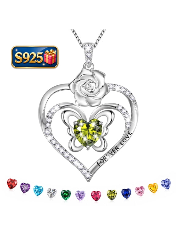 Forever Love Butterfly Heart Necklace,925 Sterling Silver Rose Flower Pendant Necklace Jewelry Birthday Christmas Valentines Mother's Day Gifts for Women Mom-August