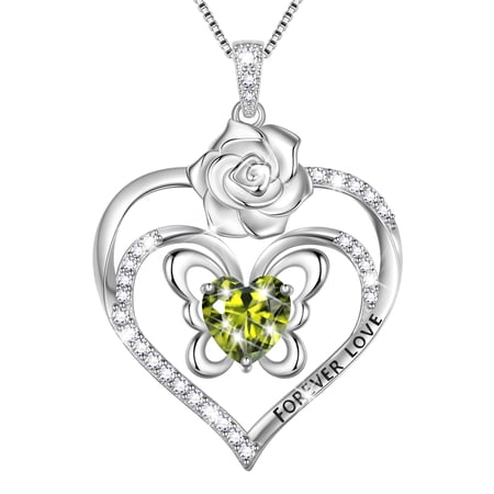 Beautlace Forever Love Butterfly Heart Necklace,925 Sterling Silver Rose Flower Pendant Necklace Jewelry Birthday Christmas Valentines Mother's Day Gifts for Women Mom-August