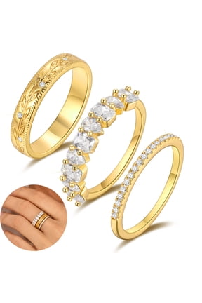 Gold Plated Stackable Rings Set for Women,18K Gold Plated CZ Eternity Band Ring Set,Vintage Engraved Stacking Rings, Minimalist Promise Wedding Ring Set Gift for Her
