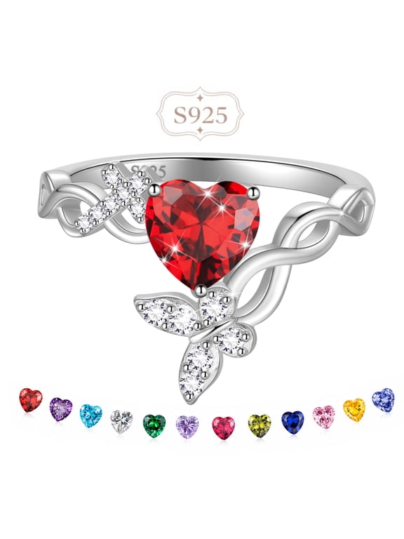 Heart Birthstone Halo Ring,Butterfly 925 Sterling Silver Adjustable Birthstone Open Band Rings Birthday Christmas Valentines Jewelry Gifts for Women Mom-January