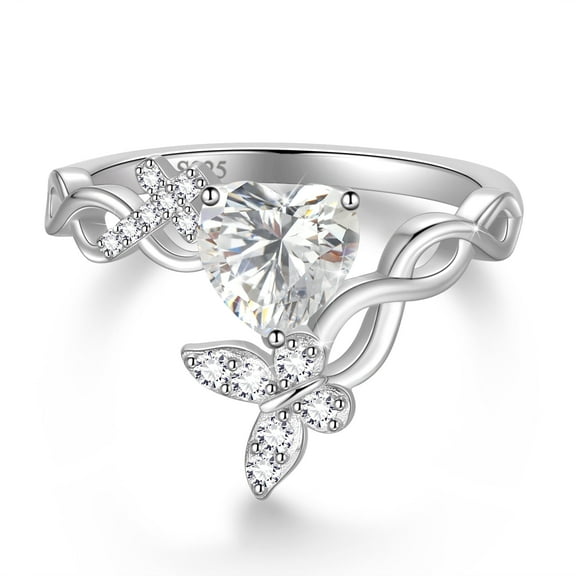 Beautlace Heart Birthstone Halo Ring,Butterfly 925 Sterling Silver Adjustable Birthstone Open Band Rings Birthday Christmas Valentines Jewelry Gifts for Women Mom-April