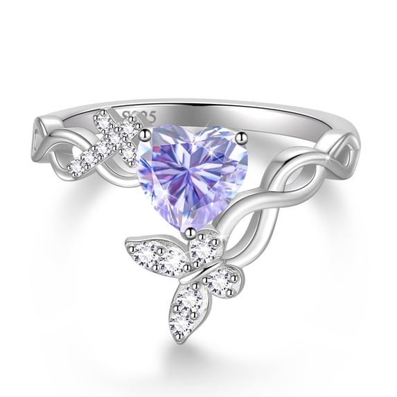 Beautlace Heart Birthstone Halo Ring,Butterfly 925 Sterling Silver Adjustable Birthstone Open Band Rings Birthday Christmas Valentines Jewelry Gifts for Women Mom-June