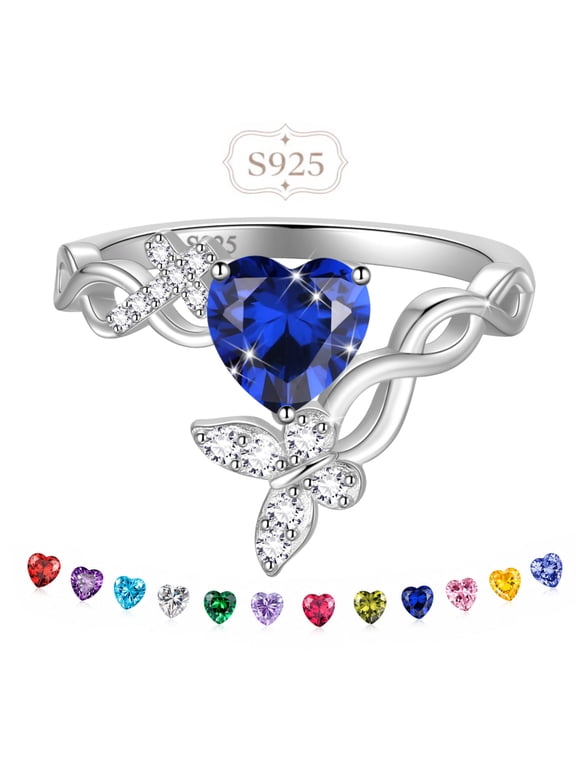 Heart Birthstone Halo Ring,Butterfly 925 Sterling Silver Adjustable Birthstone Open Band Rings Birthday Christmas Valentines Jewelry Gifts for Women Mom-September