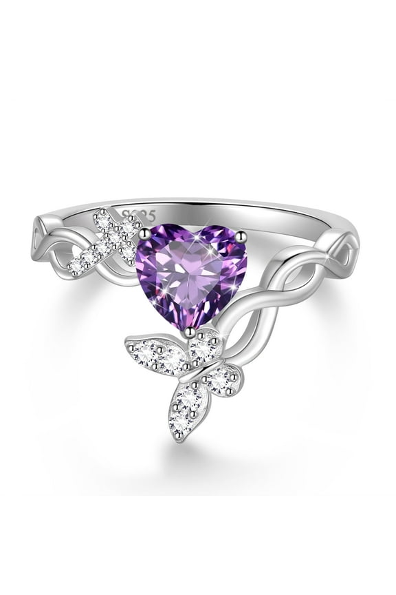 Heart Birthstone Halo Ring,Butterfly 925 Sterling Silver Adjustable Birthstone Open Band Rings Birthday Christmas Valentines Jewelry Gifts for Women Mom-February