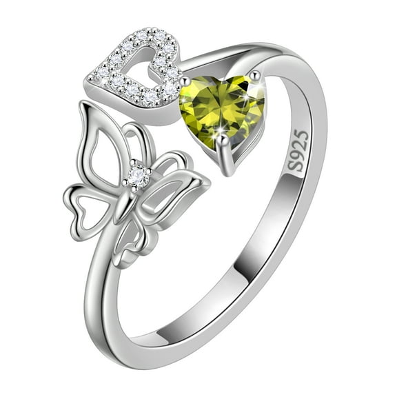 Beautlace Heart Birthstone Ring,Butterfly 925 Sterling Silver Adjustable August Peridot Birthstone Open Band Rings Birthday Christmas Valentines Mothers Day Jewelry Gifts for Women Mom
