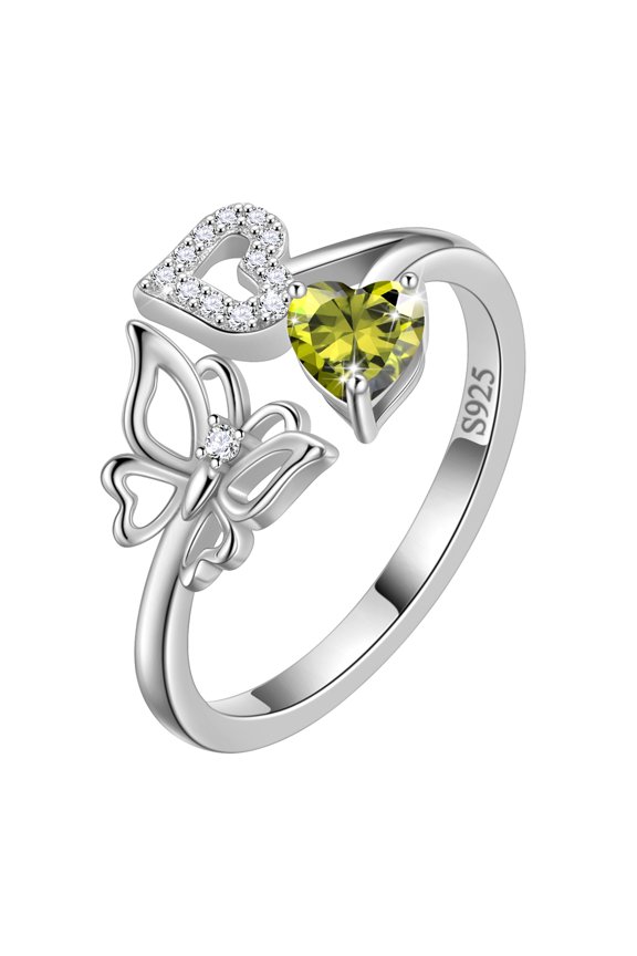 Heart Birthstone Ring,Butterfly 925 Sterling Silver Adjustable August Peridot Birthstone Open Band Rings Birthday Christmas Valentines Mothers Day Jewelry Gifts for Women Mom