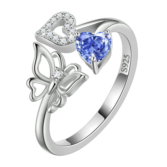Beautlace Heart Birthstone Ring,Butterfly 925 Sterling Silver Adjustable December Tanzanite Birthstone Open Band Rings Birthday Christmas Valentines Mothers Day Jewelry Gifts for Women Mom