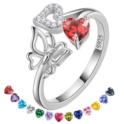 Beautlace Heart Birthstone Ring,Butterfly 925 Sterling Silver Adjustable January Garnet Birthstone Open Band Rings Birthday Christmas Valentines Mothers Day Jewelry Gifts for Women Mom
