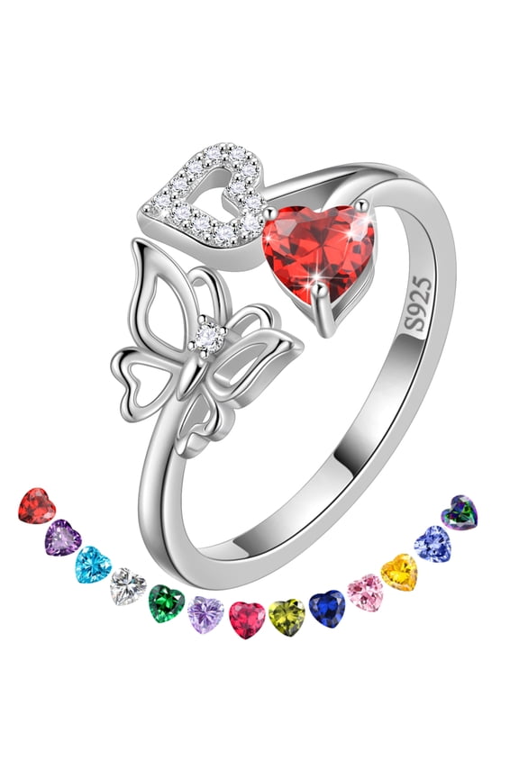 Heart Birthstone Ring,Butterfly 925 Sterling Silver Adjustable January Garnet Birthstone Open Band Rings Birthday Christmas Valentines Mothers Day Jewelry Gifts for Women Mom