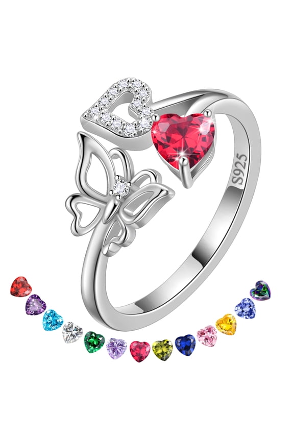 Heart Birthstone Ring,Butterfly 925 Sterling Silver Adjustable July Ruby Birthstone Open Band Rings Birthday Christmas Valentines Mothers Day Jewelry Gifts for Women Mom
