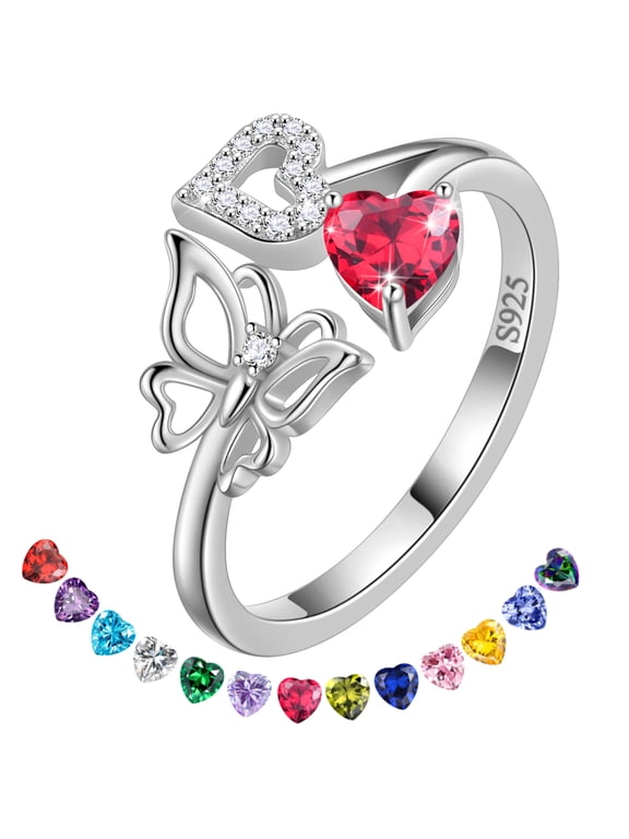 Heart Birthstone Ring,Butterfly 925 Sterling Silver Adjustable July Ruby Birthstone Open Band Rings Birthday Christmas Valentines Mothers Day Jewelry Gifts for Women Mom