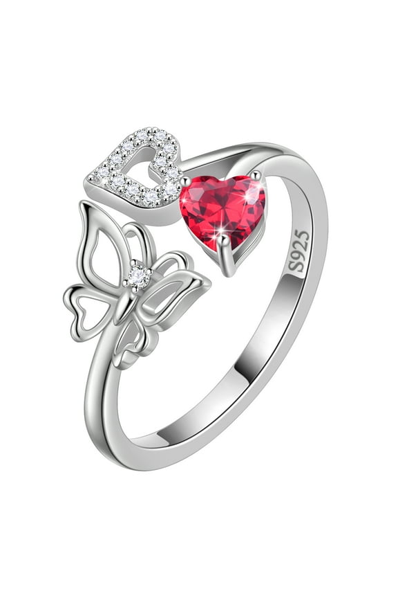 Heart Birthstone Ring,Butterfly 925 Sterling Silver Adjustable July Ruby Birthstone Open Band Rings Birthday Christmas Valentines Mothers Day Jewelry Gifts for Women Mom