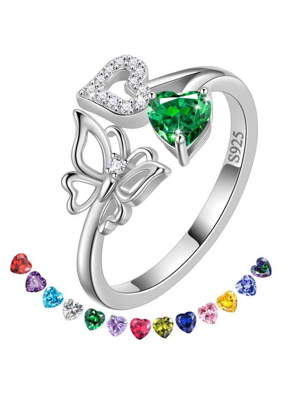 Heart Birthstone Ring,Butterfly 925 Sterling Silver Adjustable May Emerald Birthstone Open Band Rings Birthday Christmas Mothers Day Jewelry Gifts for Women Mom