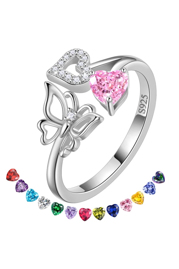 Heart Birthstone Ring,Butterfly 925 Sterling Silver Adjustable October Tourmaline Birthstone Open Band Rings Birthday Christmas Valentines Mothers Day Jewelry Gifts for Women Mom