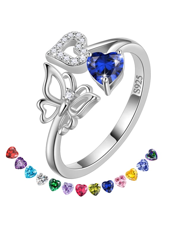 Heart Birthstone Ring,Butterfly 925 Sterling Silver Adjustable September Sapphire Birthstone Open Band Rings Birthday Christmas Mothers Day Jewelry Gifts for Women Mom