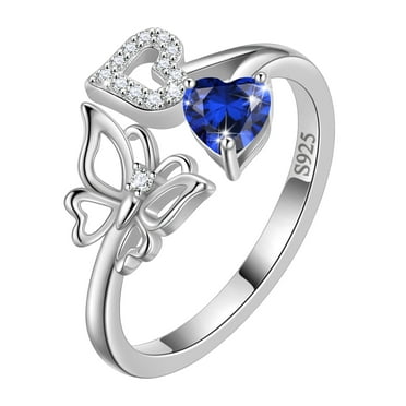 Beautlace Heart Birthstone Ring,Butterfly 925 Sterling Silver Adjustable September Sapphire Birthstone Open Band Rings Birthday Christmas Mothers Day Jewelry Gifts for Women Mom