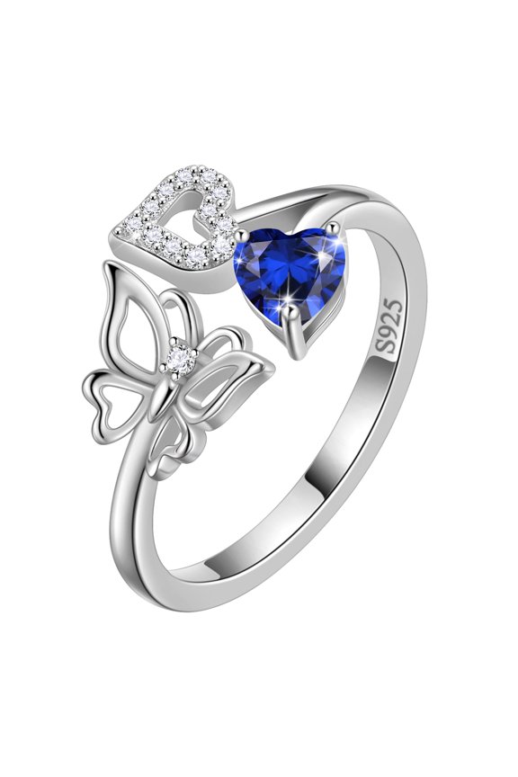 Heart Birthstone Ring,Butterfly 925 Sterling Silver Adjustable September Sapphire Birthstone Open Band Rings Birthday Christmas Mothers Day Jewelry Gifts for Women Mom