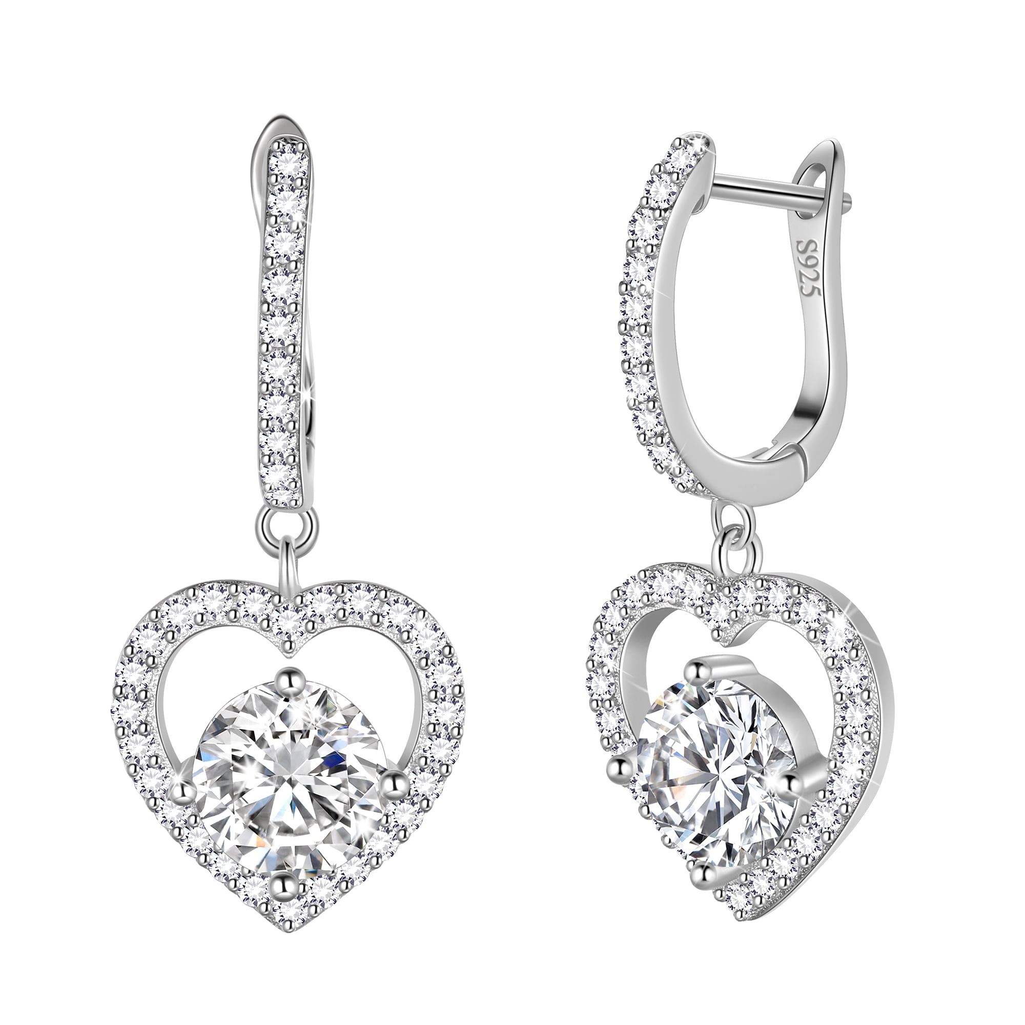 Beautlace Heart Earrings Hoop,925 Sterling Silver Heart Drop Dangle CZ Earrings Jewelry Gifts for Women