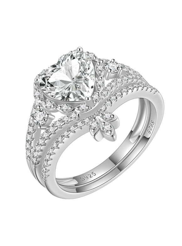 Heart Engagement Rings Set for Women,Moissanite 2 Carat Promise Ring for Her,925 Sterling Silver Heart Bridal Ring Set-Size 7