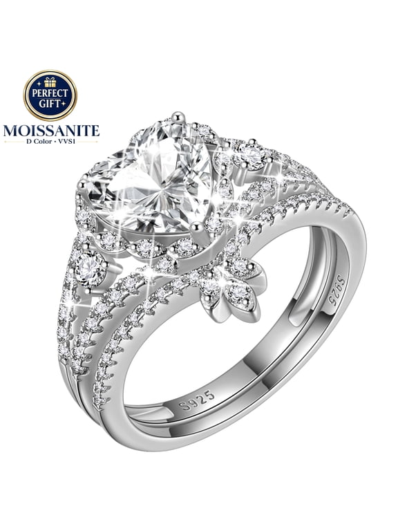 Heart Engagement Moissanite Rings Set for Women,925 Sterling Silver 2 CT Promise Ring Wedding Band for Her,Love Heart Bridal Ring Set Birthday Valentines Jewelry Gifts for Girlfriend Wife