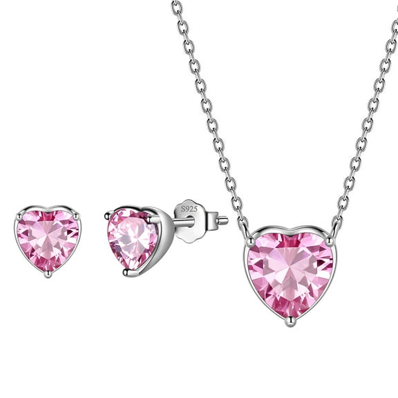 Beautlace Heart Jewelry Set,925 Sterling Silver Heart Birthstone Pendant Necklace and Earrings Set for Women