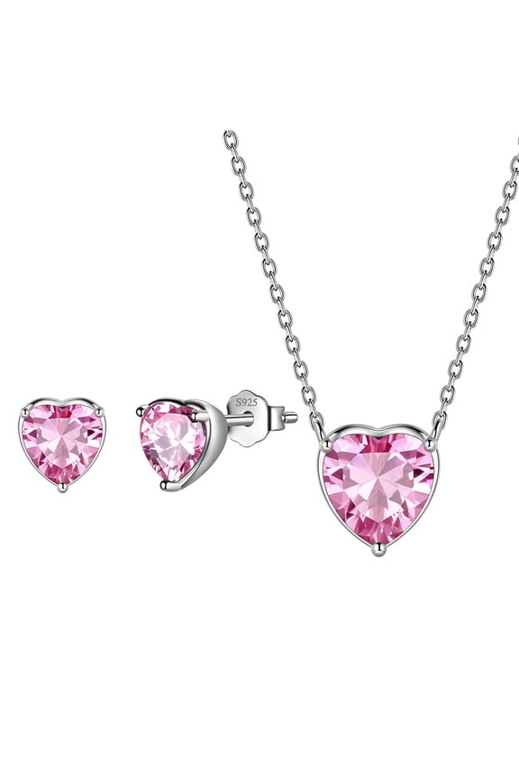 Heart Jewelry Set,925 Sterling Silver Heart Birthstone Pendant Necklace and Earrings Set for Women