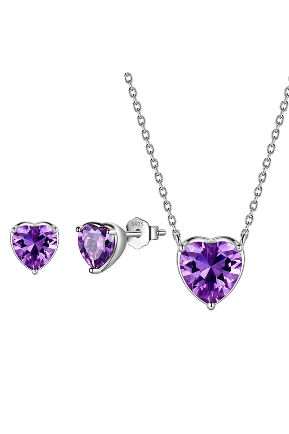 Heart Jewelry Set,925 Sterling Silver Heart Birthstone Pendant Necklace and Earrings Set for Women