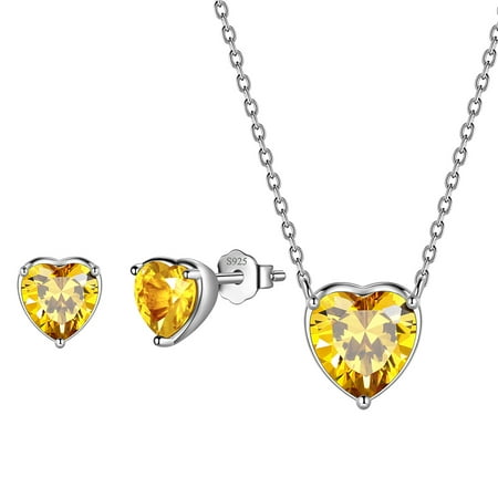 Beautlace Heart Jewelry Set,925 Sterling Silver Heart Birthstone Pendant Necklace and Earrings Set for Women