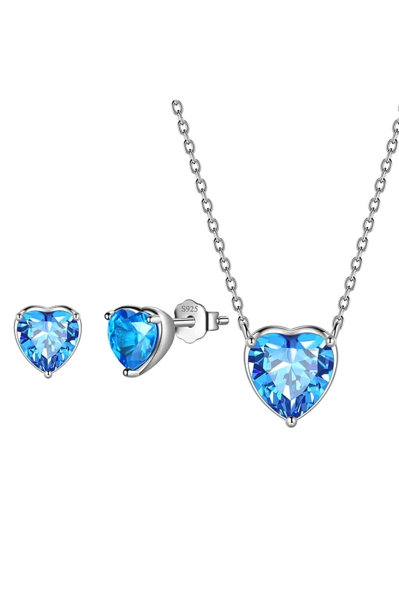 Heart Jewelry Set,925 Sterling Silver Heart Birthstone Pendant Necklace and Earrings Set for Women