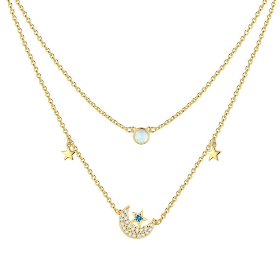 Beautlace Layered Moon Star Necklace,Sterling Silver Dainty Opal Trendy Choker Chain Crescent Moon Pendant Necklace Layering Necklace for Gift