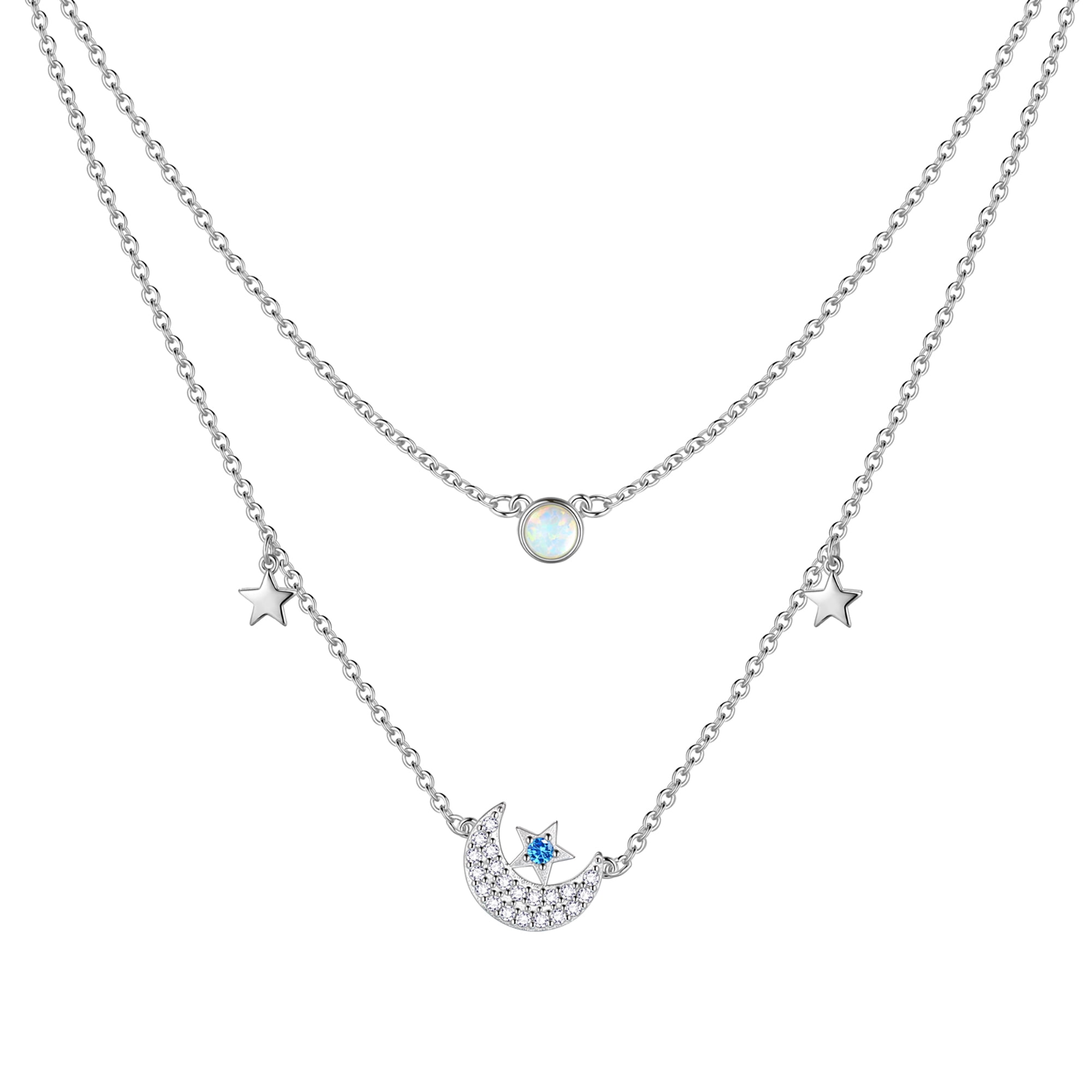 Beautlace Layered Moon Star Necklace Sterling Silver Dainty Opal Trendy Choker Chain Crescent Moon Pendant Necklace Layering Necklace for Gift
