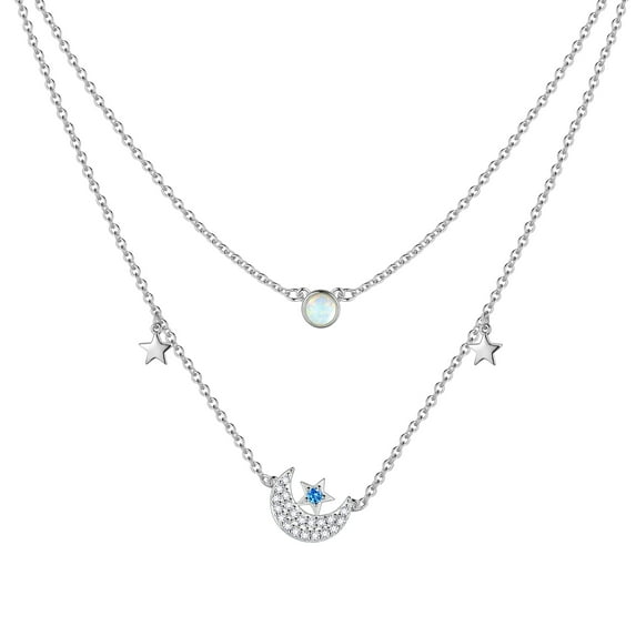 Beautlace Layered Moon Star Necklace,Sterling Silver Dainty Opal Trendy Choker Chain Crescent Moon Pendant Necklace Layering Necklace for Gift